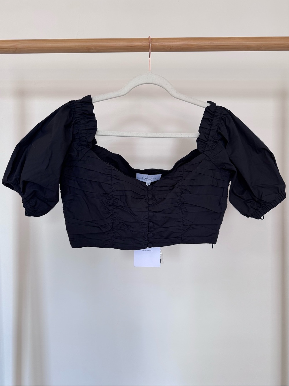 L'Academie Black Ruched Puff-Sleeve Cropped Top